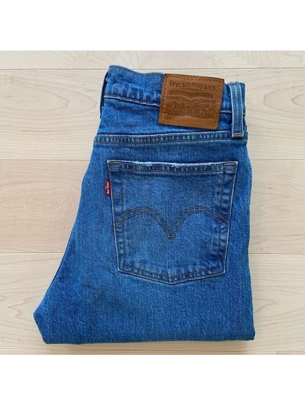 Levis premium wedgie jeans button fly high waisted ripped knees blue stretch 27